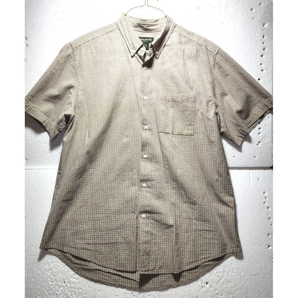 Eddie Bauer Shirt Mens XL Brown Striped Ribbed Button Up Collared Short Sleeve
